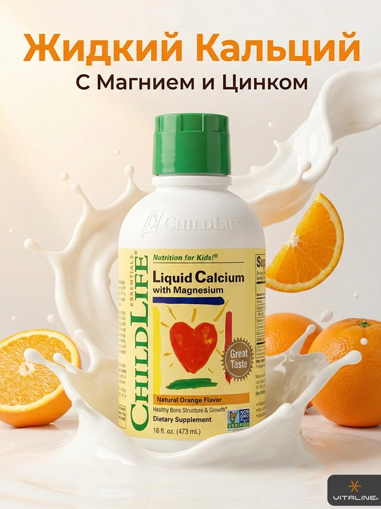 ChildLife, жидкий кальций с магнием для детей, вкус апельсина, 473 мл - 