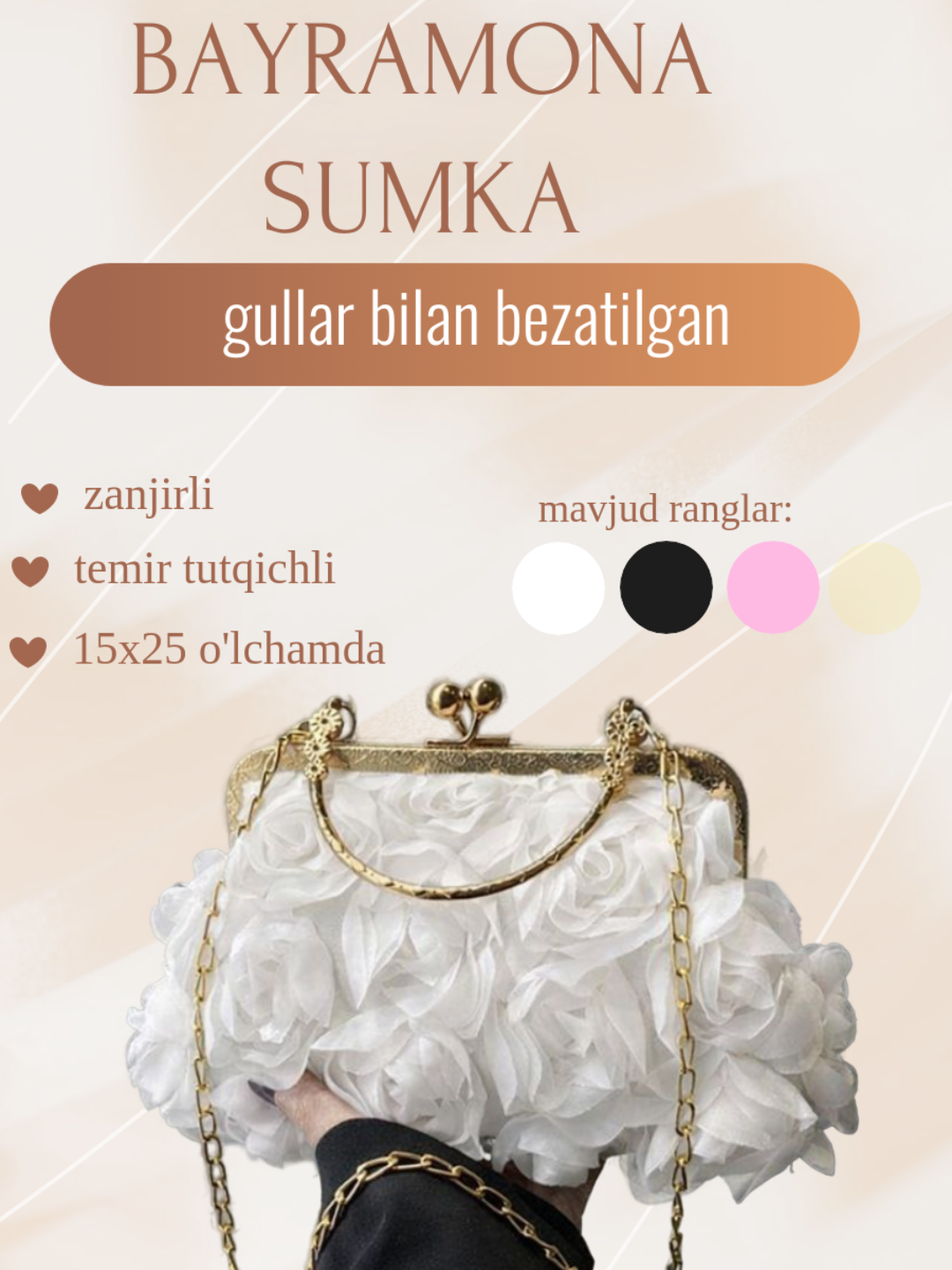 Ayollar sumkasi, bahor sumkasi, bayram sumkasi, o‘lchami 15x25 - 