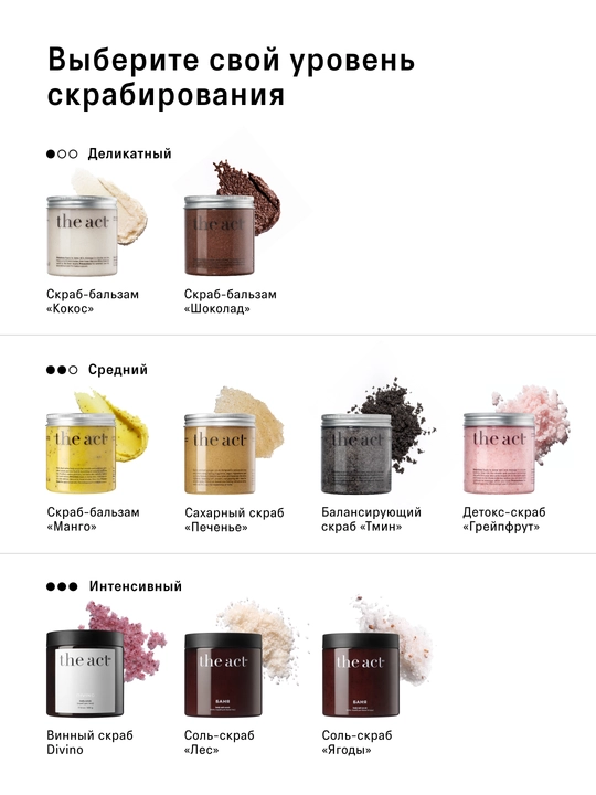 Скраб для тела The Act: кофейный, шоколад, кокос, соль,винный, манго, сахарный скраб-слайм