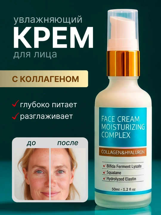 Крем для лица с коллагеном, увлажняющий, антивозрастной, для упругости и эластичности кожи - 