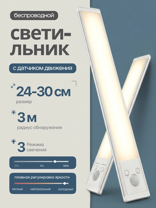Светильник с датчиком движения, беспроводной, магнитное крепление, USB зарядка - 