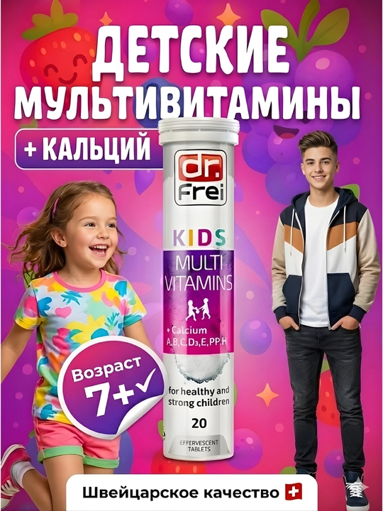 Витамины для детей, А,В,С,D3,Кальций, для иммунитета, роста и костей, 20 шт, Dr. Frei Kids - 