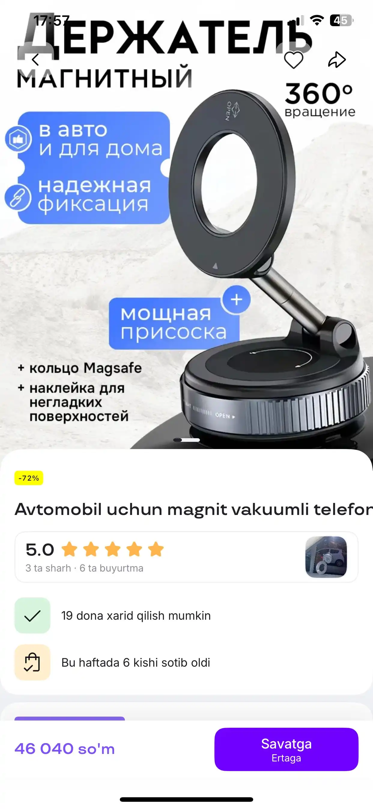 Avtomobil uchun magnit vakuumli telefon ushlagichi Magsafe bilan, 360 darajali, prisoskali