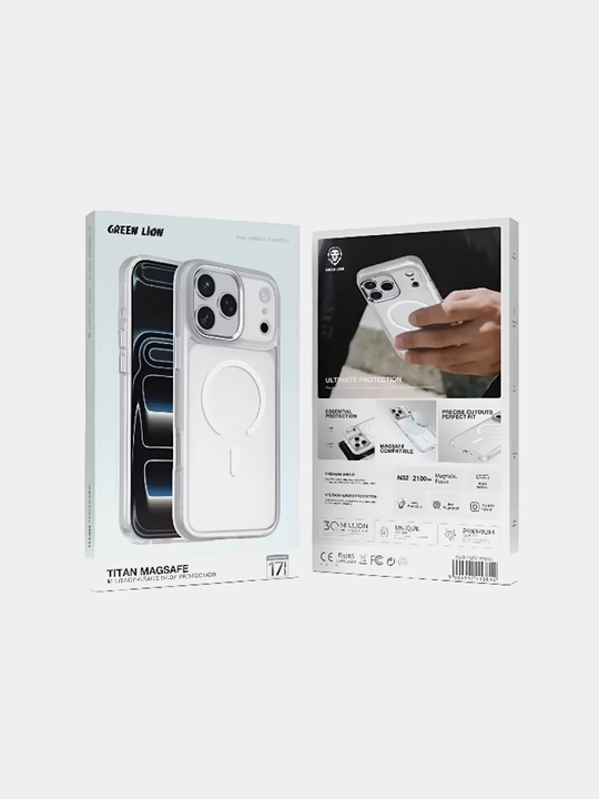 Shaffof g'ilof Green Lion Titan MagSafe matte, iPhone 17 Pro/Pro Max uchun. Matoviy g'ilof