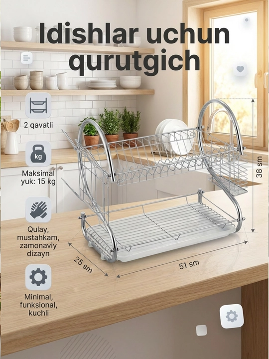 Stol usti ikki qavatli idish-tovoq quritgichi SPACIA taomlar va krujkalar uchun 50x36x39