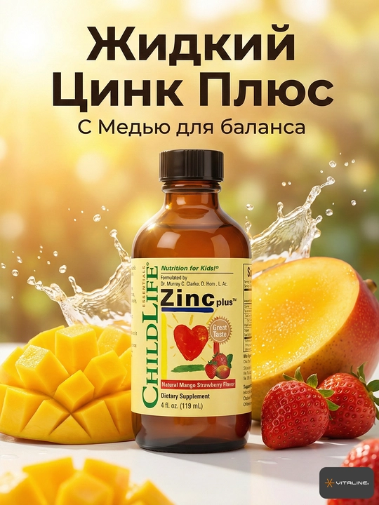 ChildLife, жидкий цинк для детей, Zinc plus, иммунитет, вкус манго, 118 мл - 