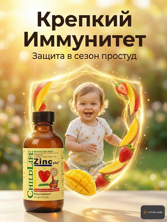 ChildLife, жидкий цинк для детей, Zinc plus, иммунитет, вкус манго, 118 мл