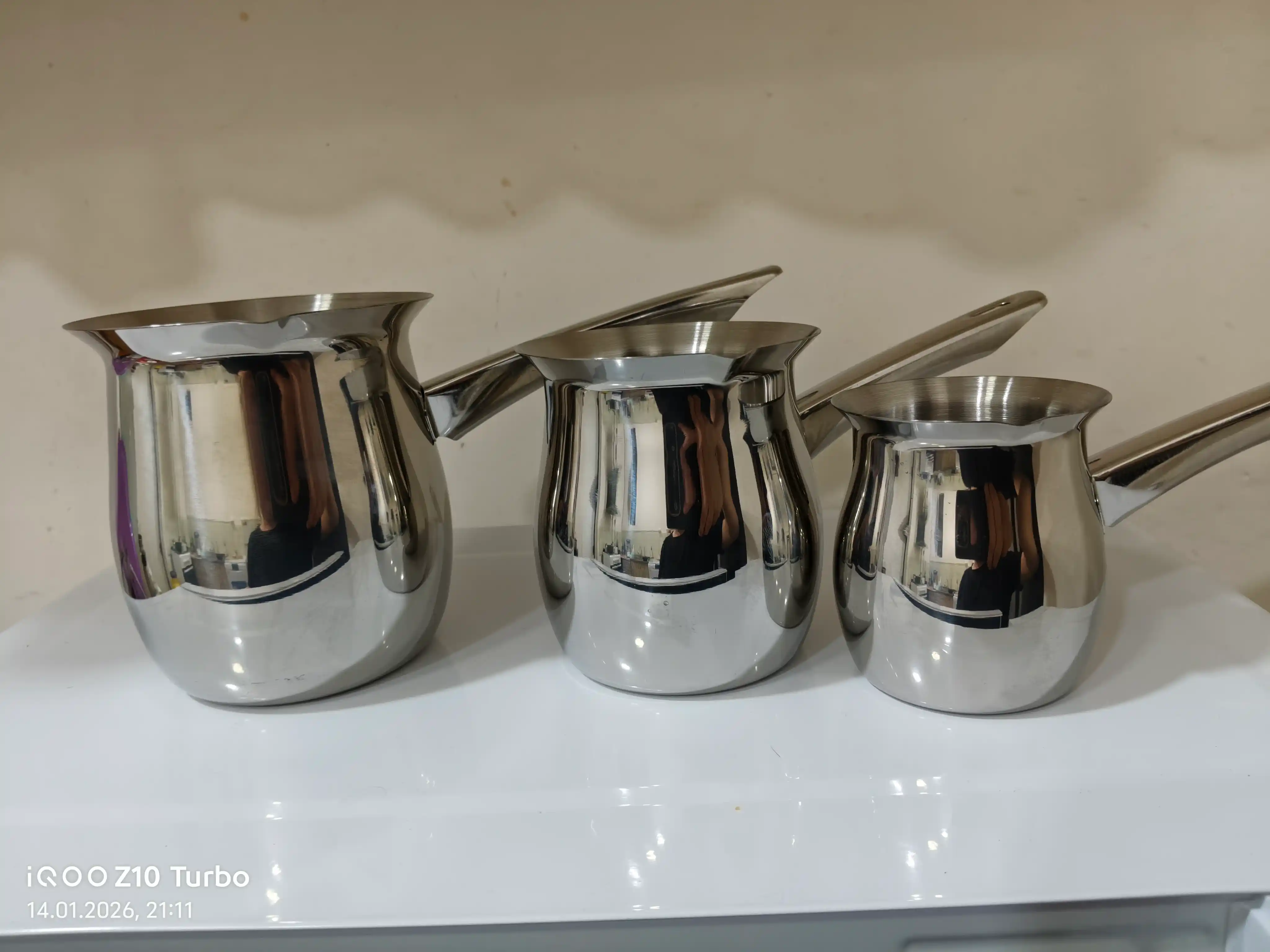 Zanglamas po‘latdan turka to'plami, 3 dona, qahva tayyorlash uchun 200, 400, 600 ml