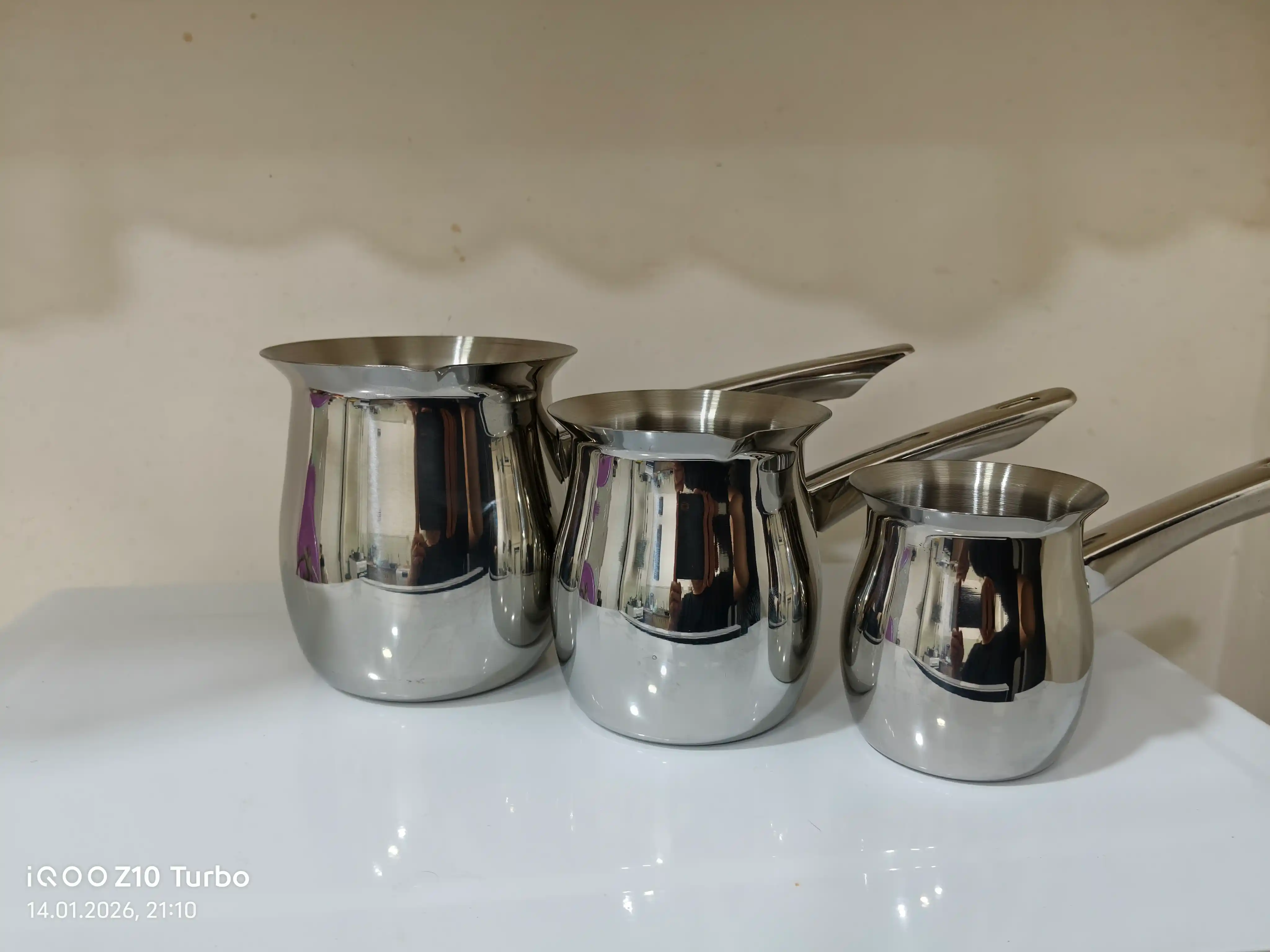 Zanglamas po‘latdan turka to'plami, 3 dona, qahva tayyorlash uchun 200, 400, 600 ml