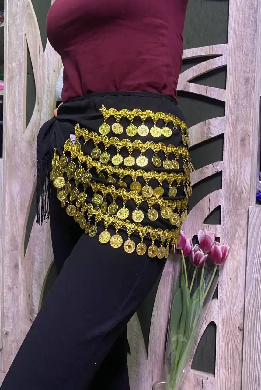 Arabcha raqs uchun bel bezagi, tangachali bel sharf, belly dance aksessuar