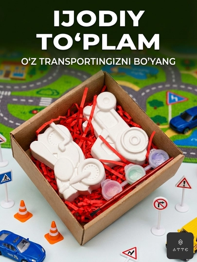 Traktor va mototsikl shaklidagi gips figuralar bilan ijodiy to‘plam bo‘yoqlar bilan