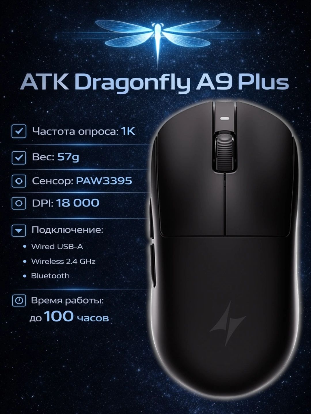 Игровая мышь ATK Dragonfly A9 Plus беспроводная, ультралёгкая, оптическая, для ПК за 460000 сум со скидкой 29%. Uzum Market