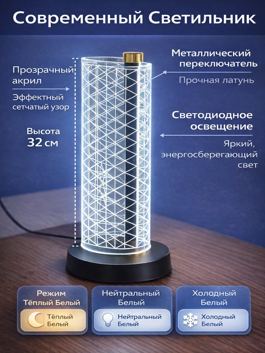 15 Vt LED stol lampasi, akril korpus, 3 ta yorug‘lik rejimi, zamonaviy dizayn - 
