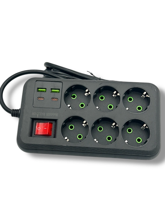 Сетевой фильтр на 6 розеток + 4 USB-порта (Type-C и USB-A) компактный, мощный и безопасный