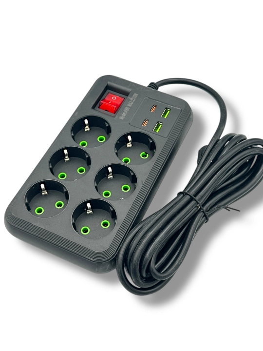 Сетевой фильтр на 6 розеток + 4 USB-порта (Type-C и USB-A) компактный, мощный и безопасный