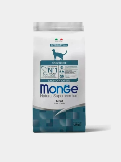 Сухой корм премиум класса для кошек Monge Monoprotein Sterilized с форелью