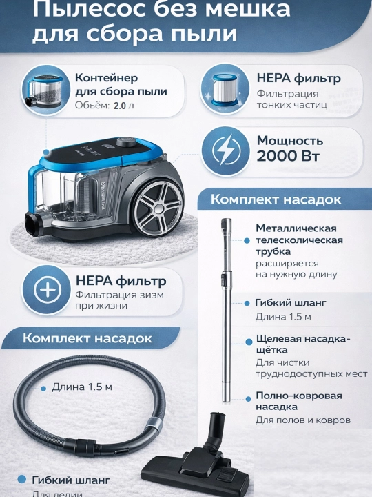Пылесос Midea – 1800-2000 Вт мощность, 360 Вт всасывания, HEPA-фильтр, для дома