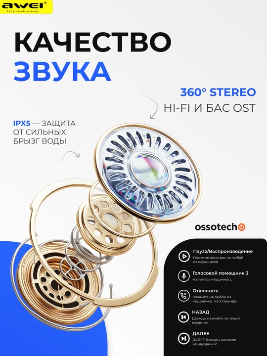 Awei T86 ENC — TWS наушники, ENC, Bluetooth 5.3, IPX6, до 7ч, сенсорное управление