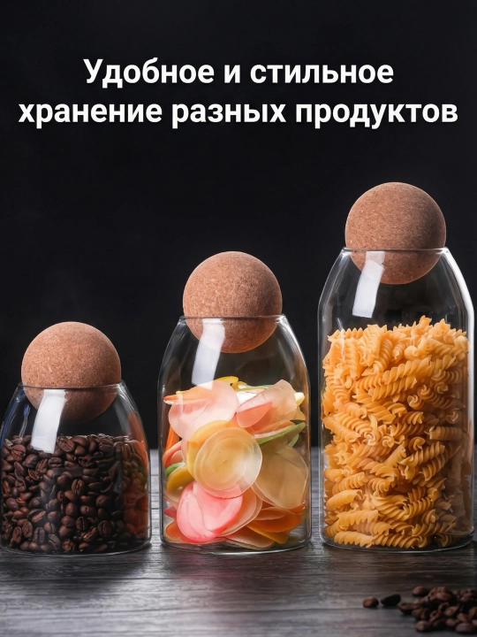 Набор стеклянных банок с пробковыми крышками для хранения продуктов