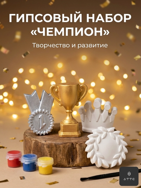 Набор для творчества гипсовый «Чемпион» с 3D фигурками наград и красками 6 шт - 