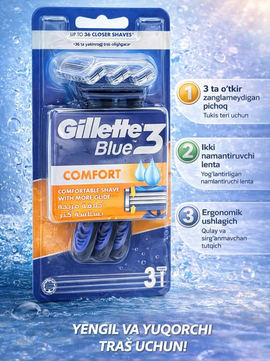 Одноразовые бритвы Gillette Blue 3 Comfort, мягкие, гладкие и удобные, 3 шт - 