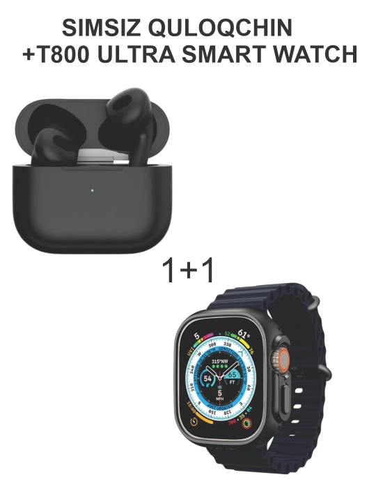 T800 Ultra — simsiz naushniklar va aqlli soat, Bluetooth, uzoq batareya