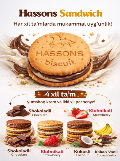 Печенье-сэндвич 2 кг, 6 на выбор вкуса : банан, шоколад, клубника, какос, ваниль — HASSONS-СЭНДВИЧДЕНЬИНОЧЬ-40382DN
