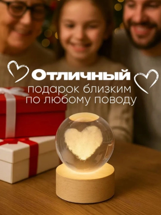 Хрустальный шар - 3D ночник, антистресс, настольный светильник, для подарка, 6 см