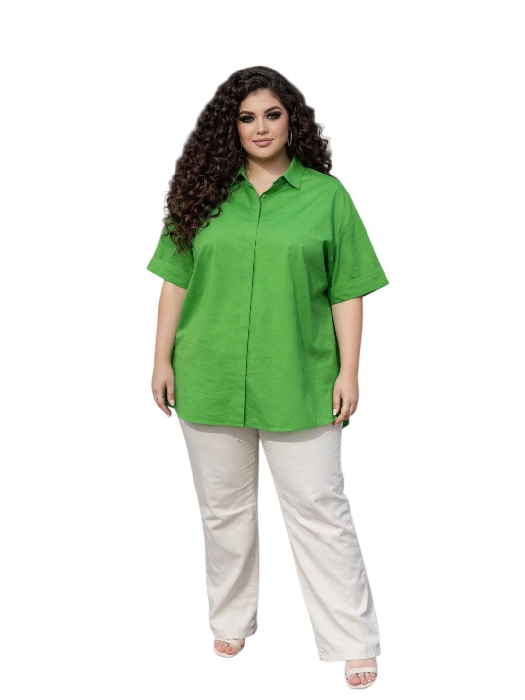 Женская рубашка oversize для полных дам Plus Size, короткий рукав, скрытые пуговицы  - 
