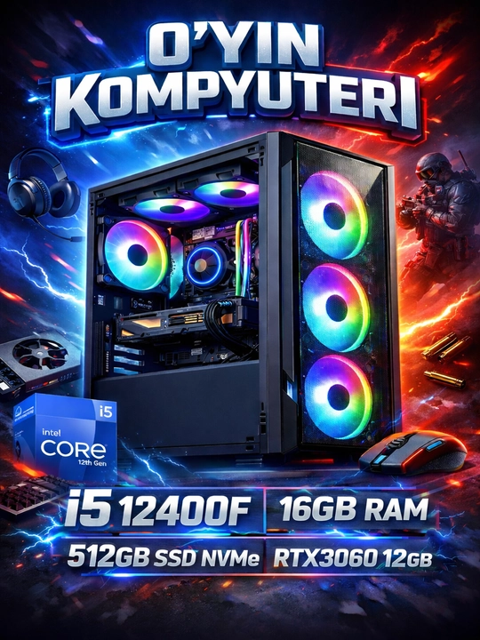 Игровой компьютер Core i5 12400F, 16ГБ DDR4, 512ГБ SSD NVMe, RTX5050 8GB RTX3060 12GB - 