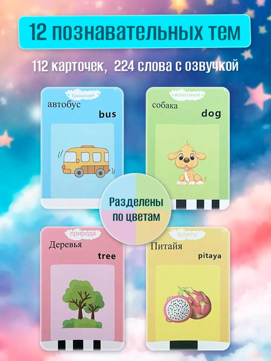 Rus-ingliz tilidagi ovozli va 224 ta kartochkali bolalar o‘quv plansheti