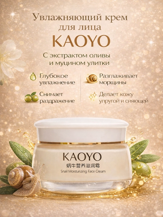 Крем для лица, увлажняющий, с экстрактом оливы и муцином улитки, KAOYO, 60 г - 