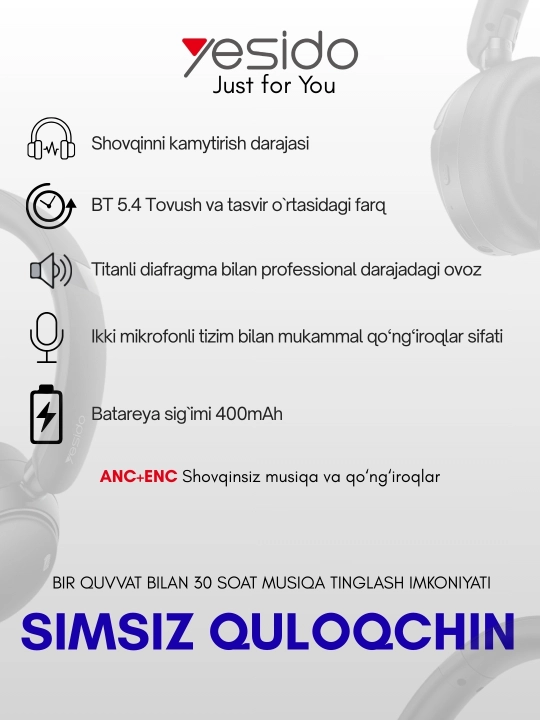 Yesido EP 11 simsiz quloqchinlar, ANC+ENC shovqinsiz musiqa va qo`ng`iroqlar