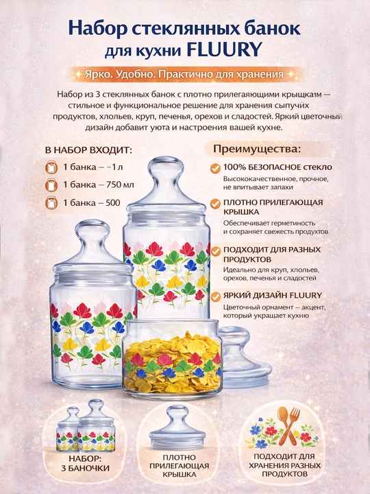 Набор стеклянных банок Luminarc, для хранения сыпучих, 500 мл/750 мл/1000 мл - 