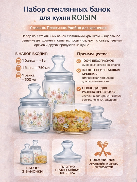 Набор стеклянных банок Luminarc, для хранения сыпучих, 500 мл/750 мл/1000 мл - 