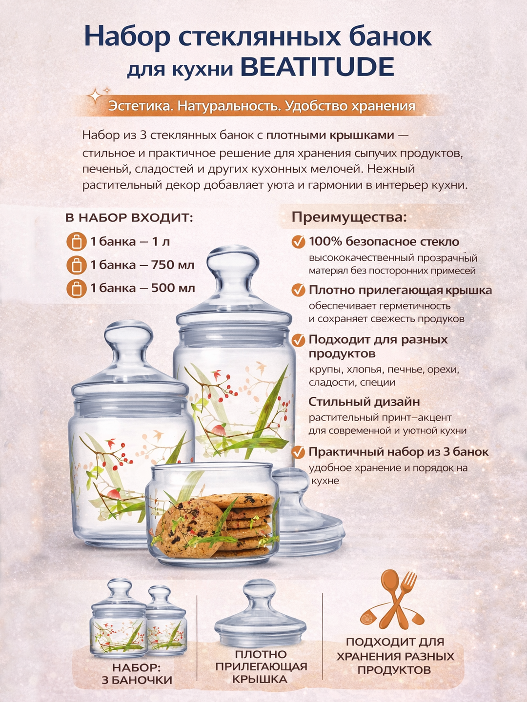 Набор стеклянных банок Luminarc, для хранения сыпучих, 500 мл/750 мл/1000 мл - 