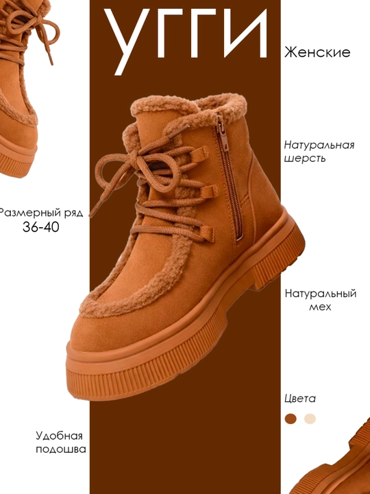 Женские зимние ботинки угги, женская обувь, удобные и тёплые сапоги с мехом, размеры 36–40 - 