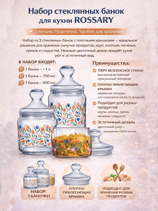 Набор стеклянных банок Luminarc, для хранения сыпучих, 500 мл/750 мл/1000 мл - 