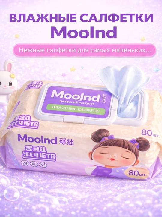 Moolnd bolalar nam salfetkasi, gipoallergen, spirtsiz, 80 dona - 