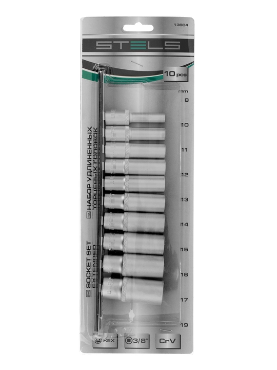 Набор удлиненных торцевых головок STELS, 3/8", 6-ти гр., CrV, 10шт., 8-19мм, 13604