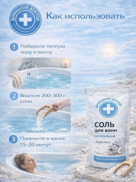 Hammom tuzi, uy shifokori, tabiiy dengiz tuzi, 500 ml