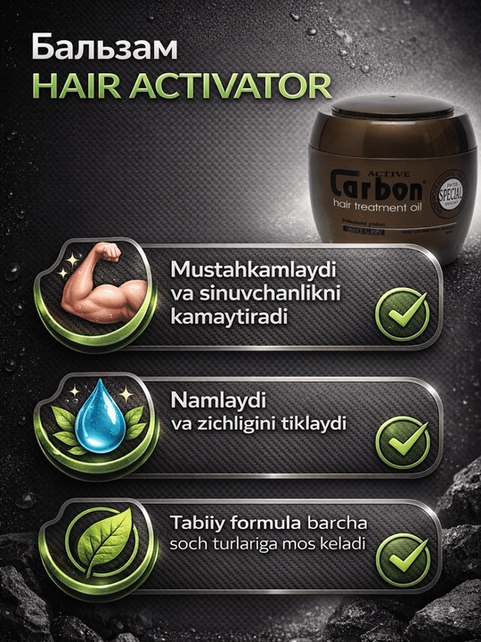 Uglerodli balzam, Active Сarbon,sochlar uchun faol,250, 550,930 ml,soch uchun konditsioner