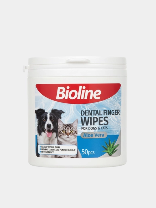 Bioline Салфетки для зубов для кошек и собак с алое вера 50 салфеток 2741  - 