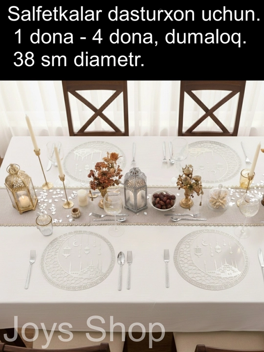 Stolga xizmat ko‘rsatish salfetkasi, 1 donadan 4 donagacha, dumaloq, diametri 38 sm