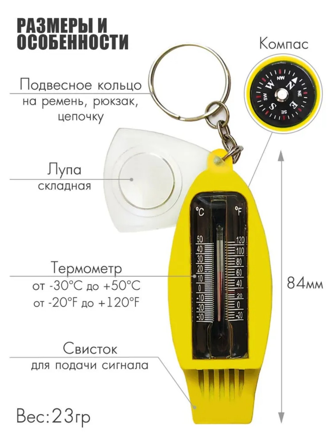 Многофункциональный тактический свисток 4 и 1 на открытом воздухе с компасным лупой - 