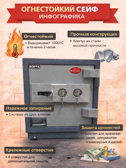 Огнестойкий сейф ROFFA, стальной корпус, защита от огня до 1000°C — ZUMINVS-SEYFLAR3-H620