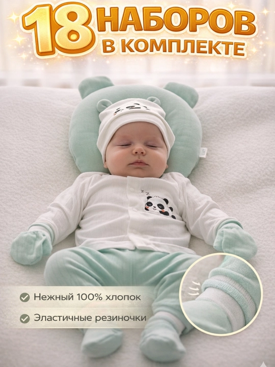 Набор для новорожденных, 18 в 1, 100% хлопок, идеальный подарок на выписку (0-9 мес)