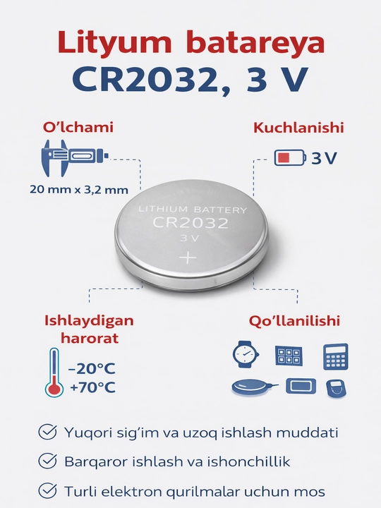 Lityum batareya CR2032, 3 V - 