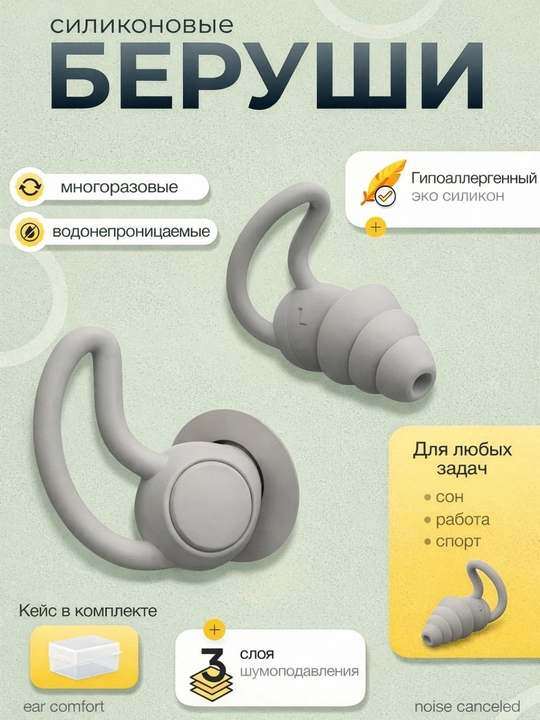 Беруши мягкие многоразовые в Кейсе для сна, отдыха, плавания 2 шт - 