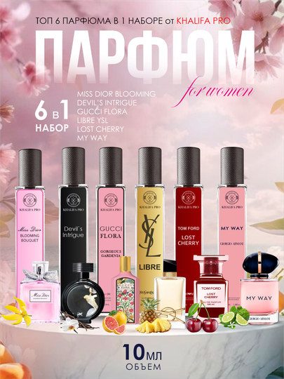 Ayollar uchun atirlar to'plami, Libre, Lost Cherry, Gucci Flora, Miss Dior, My Way, 6in1 - 